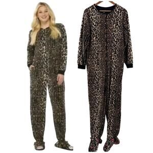 Nick & Nora Leopard Animal Print Cozy Footie One Piece Zip Up Pajamas Size Large